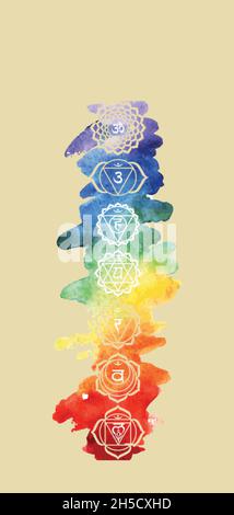 Set of chakras symbol isolated on rainbow colors background Stock Photo