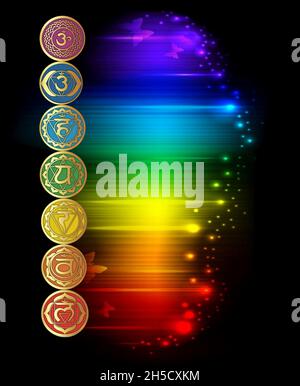 Set of chakras symbol isolated on rainbow colors background Stock Photo