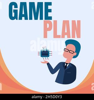 Inspiration showing sign Game Plan. Word Written on strategy worked out in advance in sport politics or business Man Drawing Standing And Holding Stock Photo