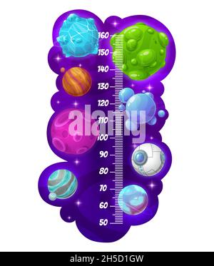 Kids height chart, growth meter. Cartoon space galaxy planets. Vector stadiometer, measure sticker scale for children with fantasy alien world. Univer Stock Vector