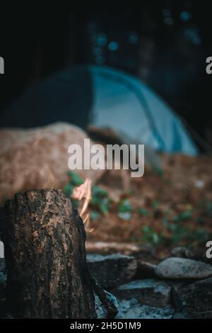a shot on the fire with a view on my tent Stock Photo