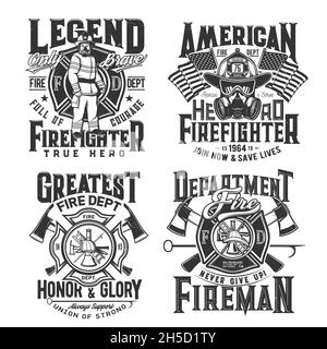Tshirt prints with firefighter and equipment gas mask, glasses and helmet with ax. Vector emblems for apparel design. Fire department rescue team emer Stock Vector