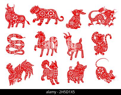 Chinese zodiac horoscope animals, red papercut characters and astrology signs, vector. Chinese zodiac or horoscope signs of astrology animals in paper Stock Vector