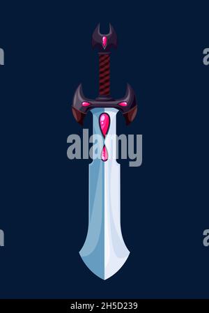 Magical cartoon sword blade with red crystals fantasy game weapon. Vector sword, dagger or knife of wizard or magician, knight warrior or fairy king w Stock Vector