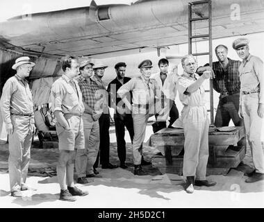 Dan Duryea, Ronald Fraser, Ernest Borgnine, Ian Brennan, Peter Finch, Christian Marquand, Richard Attenborough, George Kennedy, James Stewart, on-set of the Film, 'The Flight of the Phoenix', 20th Century Fox, 1965 Stock Photo