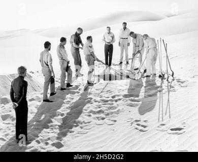 Hardy Kruger, Ronald Fraser, George Kennedy, Peter Finch, Christian Marquand, James Stewart, Richard Attenborough, on-set of the Film, 'The Flight of the Phoenix', 20th Century Fox, 1965 Stock Photo