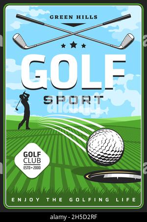 Golf course with golfer and clubs retro poster. - Stock