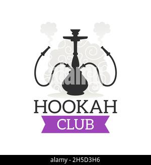 Hookah club vector icon with shisha smoking pipe. Lounge cafe or bar emblem with Arabic hookah, hooka or nargile isolated black silhouettes, smoke slo Stock Vector