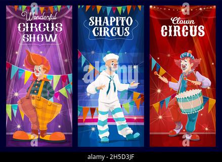 Shapito circus cartoon sailor clown on circus stage, vector poster ...