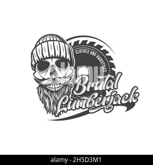 Brutal lumberjack skull with beard icon, woodwork saw signs. Vector lumber jack skull with mustaches in hat hipster icon for clothes shop or hairstyle Stock Vector