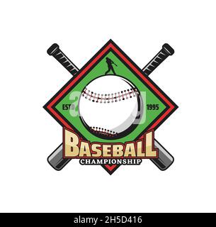 Baseball championship icon with crossed bats and hitting ball batter. Baseball teams tournament, sport game competition vector emblem, retro sticker o Stock Vector