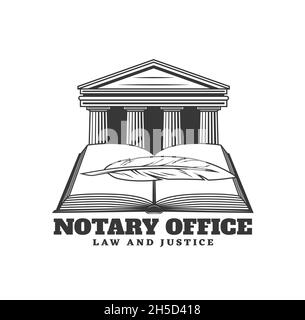 Notary service icon with building and book, vector law office design. Feather pen or quill on open book with courthouse isolated symbol of lawyer, att Stock Vector