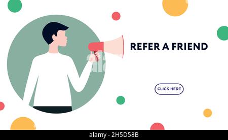 Referral program concept. Vector illustration in flat design. Young man with megaphone on colorful backdrop with copy space Stock Vector