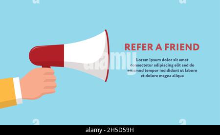 Refer a friend concept. Vector illustration with copy space. Man in yellow suit is holding red-white loudspeaker on blue backdrop Stock Vector