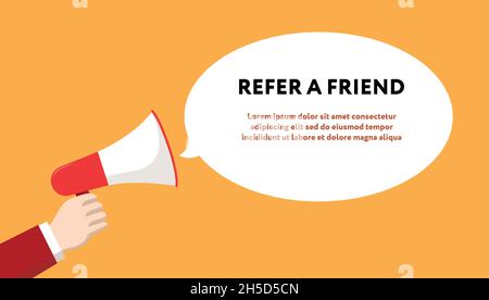 Referral program. Vector template with copy space. Man in red suit is holding red-white loudspeaker on yellow background Stock Vector