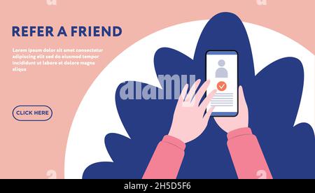 Referral program concept. Vector template with copy space. Young person sending special offer to his friends from cell phone Stock Vector