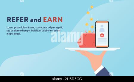 Refer and earn. Vector illustration with copy space. Man holding plate with coins, purse and cell phone on blue background Stock Vector