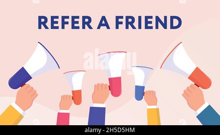 Refer and earn. Vector illustration in flat design. People holding colorful loudspeakers on beige wavy background Stock Vector