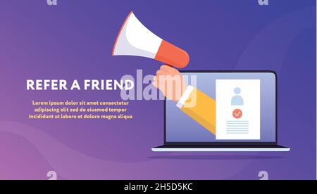 Referral program. Vector illustration with copy space. Man with loudspeaker inviting his friends to referral program from laptop Stock Vector