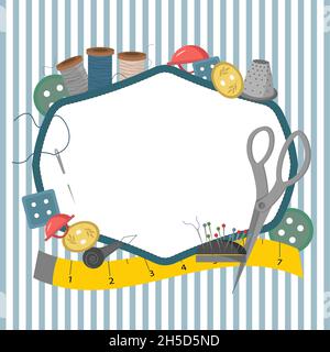 Card template with place for text for tailor. A centimeter and buttons, a thimble and scissors, a spool of thread, a pillow for pins and needles. Stock Vector