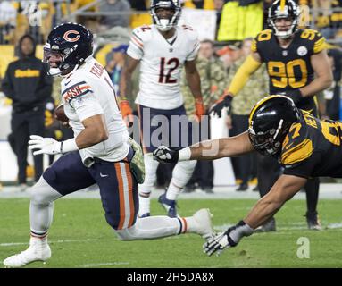 Pittsbugh, United States. 08th Nov, 2021. Chicago Bears quarterback Justin Fields (1) escapes the reach of Pittsburgh Steelers defensive end Cameron Heyward (97) first quarter against the Chicago Bears at Heinz Field on Monday, November 8, 2021. Photo by Archie Carpenter/UPI Credit: UPI/Alamy Live News Stock Photo