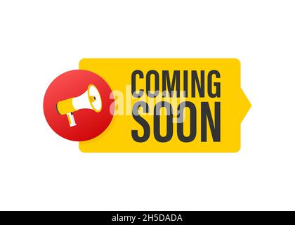 Megaphone label with coming soon. Neon style. Megaphone banner. Web design. Vector stock illustration Stock Vector