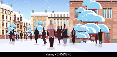 people silhouettes walking near on city street new year christmas holidays celebration cityscape background Stock Vector