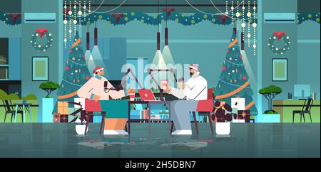 podcasters in santa hats talking to microphones recording podcast in decorated studio new year christmas holidays celebration Stock Vector