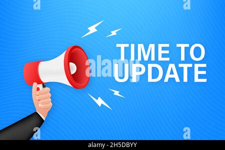 Hand Holding Megaphone with Time to update. Megaphone banner. Web design Stock Vector