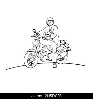 biker with his motorbike illustration vector isolated on white background line art. Stock Vector