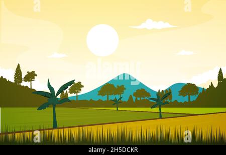Beautiful Asian Paddy Rice Field Agriculture Nature View Illustration