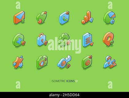 Set of social media isometric icons, smm and business 3d symbols map pin, envelope, chart and like heart, padlock and stars. Document, cogwheel, media file and photo camera, key or wifi, Vector signs Stock Vector