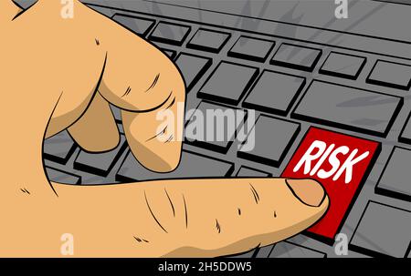 Risk word on computer keyboard. Man push keypad on laptop. Comic book style concept. Stock Vector