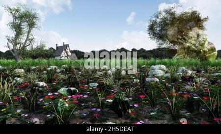 3D render of a gorgeous fantasy environment with a field of colorful flowers and medieval buildings Stock Photo