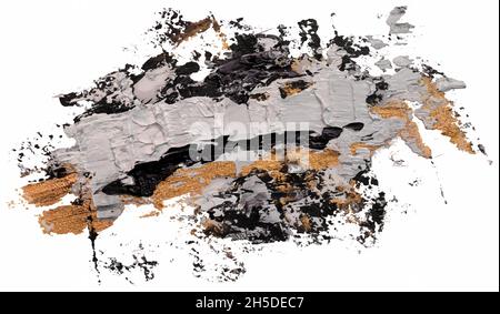 White, gold and black oil brush stroke. Hand drawn abstract varnish splash trace shape. Glossy hand drawn oil paint smear on white background. EPS10 v Stock Vector