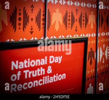 CALGARY, CANADA - Oct 06, 2021: A close-up shot of the 'National Day of Truth and Reconciliation' poster at Deerfoot City shopping center Stock Photo