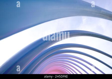 Urban Geometry, blue and pink color metal line structure. Modern and colorful architecture concept. Stock Photo