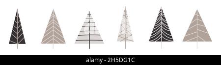 Collection of Christmas trees for decorations, holiday gifts, winter knitted woolen clothes, pattern. Christmas trees icon set isolated on white backg Stock Vector