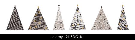 Collection of Christmas trees for decorations, holiday gifts, winter knitted woolen clothes, pattern. Christmas trees icon set isolated on white backg Stock Vector