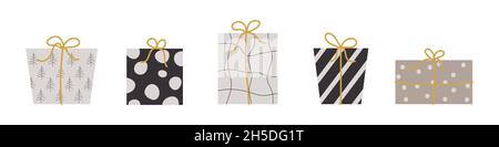Collection of Christmas gifts for decorations, holiday gifts, winter knitted woolen clothes, pattern. Christmas gifts icon set isolated on white backg Stock Vector
