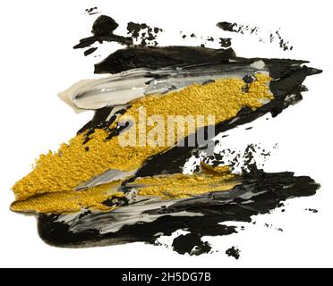 White, gold and black oil brush stroke zig zag Z letter shape. Hand drawn abstract varnish splash trace shape. Glossy hand drawn oil paint smear on wh Stock Vector