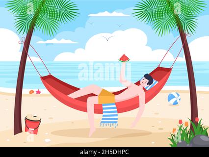 People Lying on Hammock in Beach Swing Flat Cartoon Vector Illustration. Summer Vacation Outdoor Picnic Between Coconut or Palm Tree Stock Vector