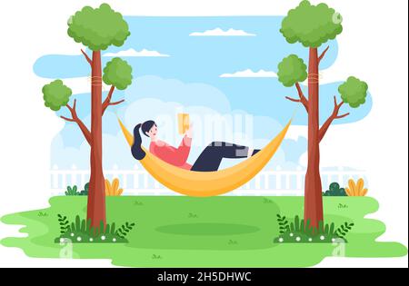 People Lying on Hammock in Park Flat Cartoon Vector Illustration. Summer Vacation Outdoor Picnic Between Two Trees Stock Vector