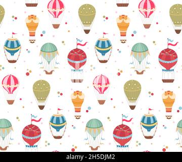 Seamless pattern witn vintage hot air balloons with ribbons, flags and confetti dots on white background. Wallpaper with retro air transport. Vector f Stock Vector