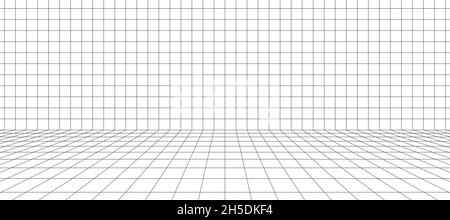3d wireframe grid room. 3d perspective laser grid. Cyberspace white background with black mesh. Futuristic digital hallway space in virtual reality Stock Vector