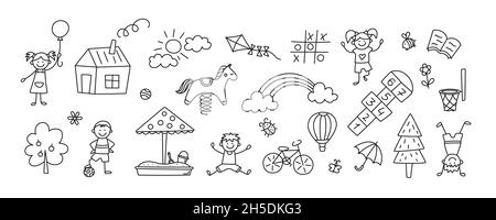 Funny kids and children playground. Swing, slide, teeter and sandbox in doodle style. Kid drawing of house, rainbow,tree. Hand drawn vector Stock Vector