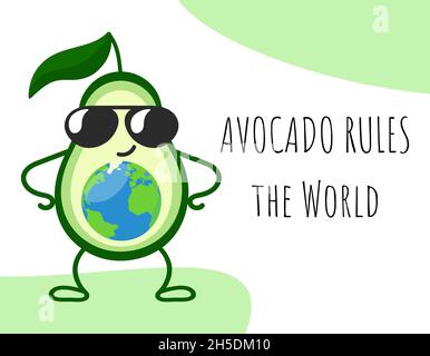 Avocado rules the World. Happy cool cartoon avocado in sunglasses with planet Earth inside. Vector illustration. Stock Vector