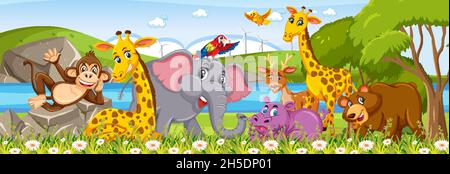 Panorama landscape with various wild animals in the forest illustration ...