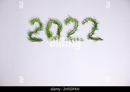 Lightbox with 2022 numbers handmade from Christmas tree branches. Stock Photo