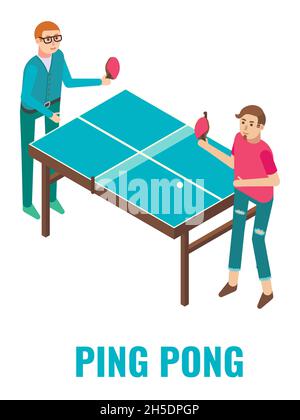 Two male characters playing ping pong table tennis arcade game, vector isometric illustration. Entertainment. Stock Vector